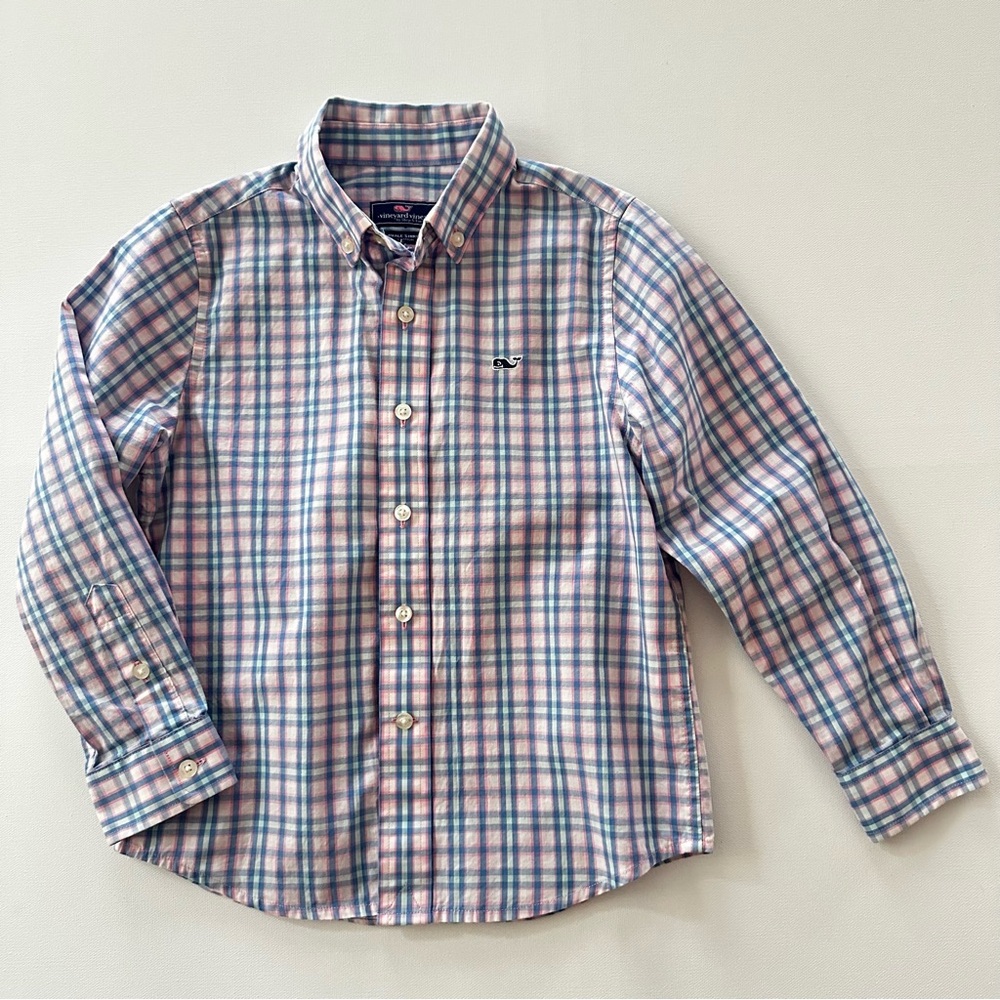 Vineyard Vines Boys 5 Pink Blue Plaid Whale Button Down Shirt Spring